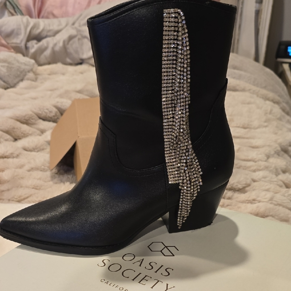 Society Black Heeled Boots with Rhinestone Fringe